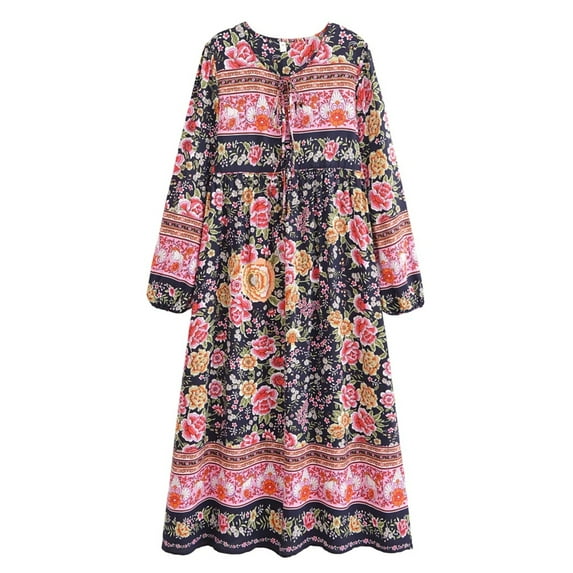 Vintage Chic Women Long Sleeve Tie Neck Ethnic Multi Floral Print Beach Bohemian Maxi Dresses Ladies Rayon Boho Dress Vestidos