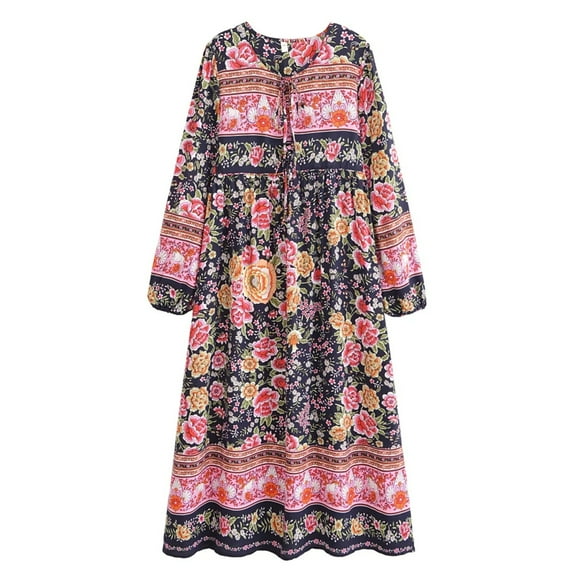 Vintage Chic Women Long Sleeve Tie Neck Ethnic Multi Floral Print Beach Bohemian Maxi Dresses Ladies Rayon Boho Dress Vestidos