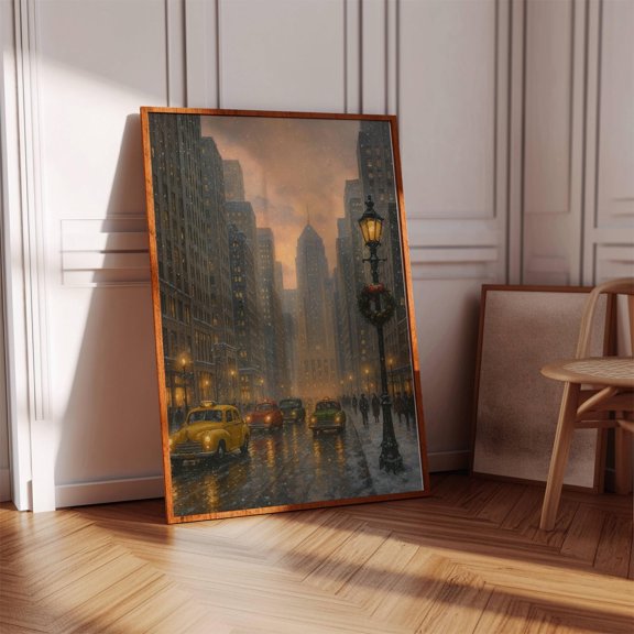 Vintage Chicago Holiday Street Scene Skyline Art Poster, Unframed Paper Poster 8x10in