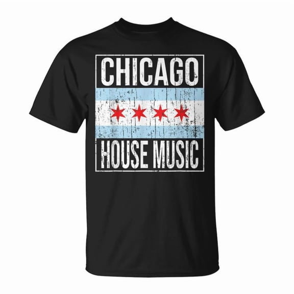 Vintage Chicago House Music Flag Graphic T-Shirt Unisex Adult Cotton Comfortable Dance Music DJ Casual Tee, Size 3XL, Color Black