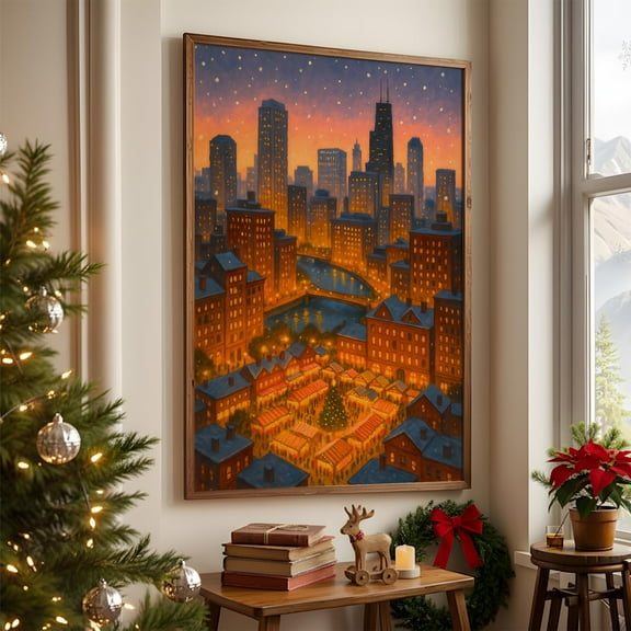 Vintage Chicago Kristmas Scene Print, Kristmas Chicago Skyline Art Print, Rustic Decor, Aesthetic Print Trendy Cottagecore Art Warm Present Vintage UNFRAMED Poster Size 8x12