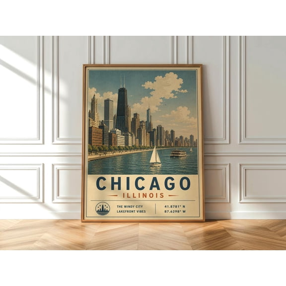 Vintage Chicago Lakefront Architectural Skyline Wall Art Executive Office Decor Print, Unframed Paper Print