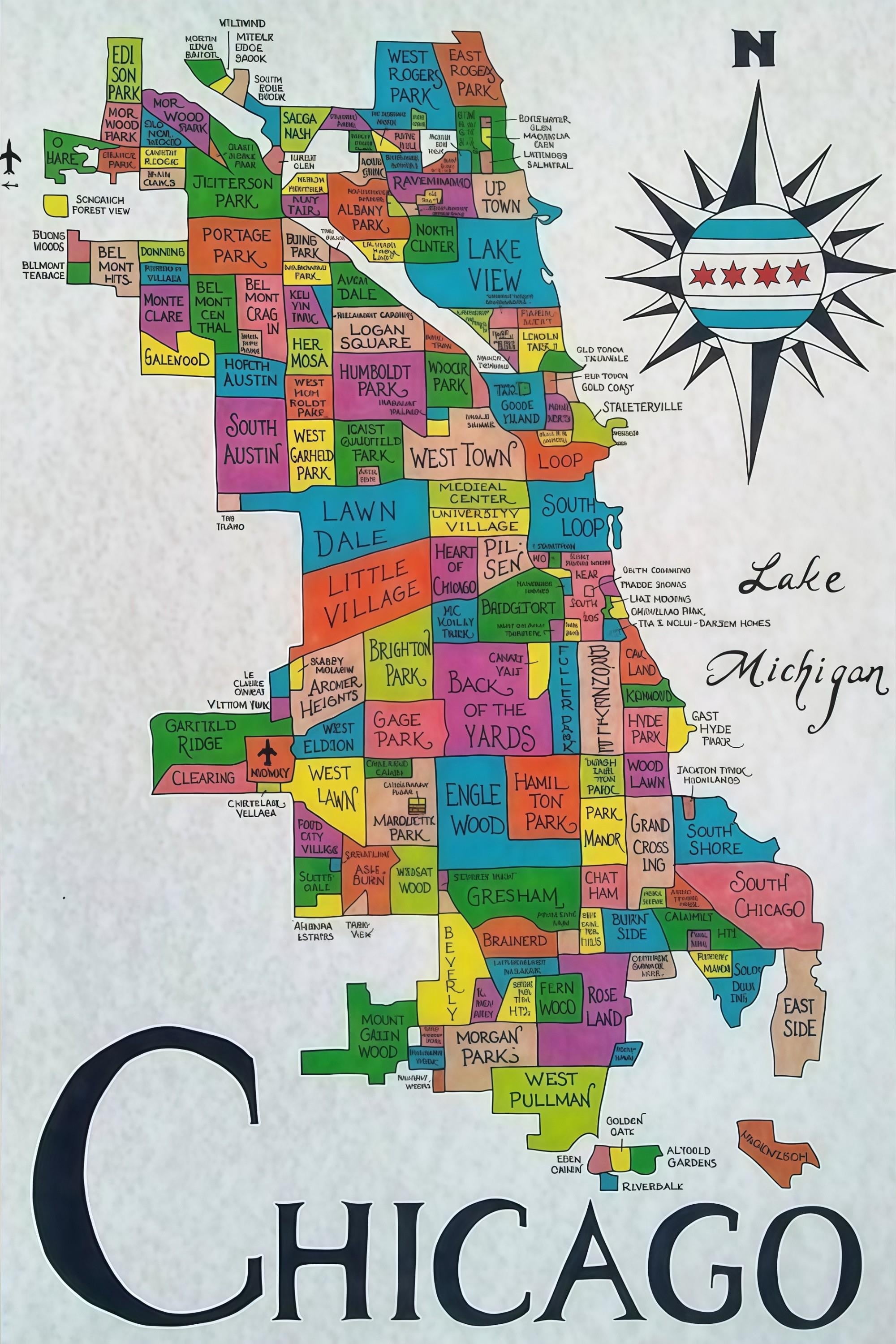 Vintage Chicago Neighborhoods Map Poster - Walmart.com