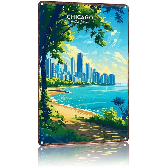 Vintage Chicago Travel Poster Metal Wall Art 8 x 12 Inch for Home Office Living Room Decor