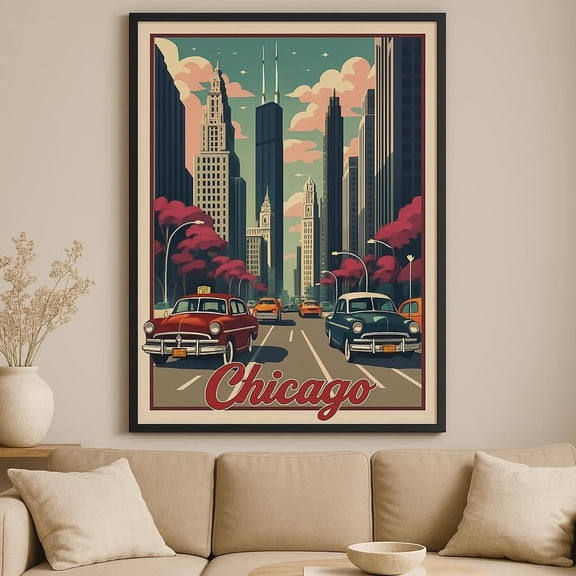 Vintage Chicago Travel Poster Retro Cityscape Wall Art Classic Car & Skyline Print 1950S Style Downtown Illustration Windy City Decor Decor For Living Room Bedroom