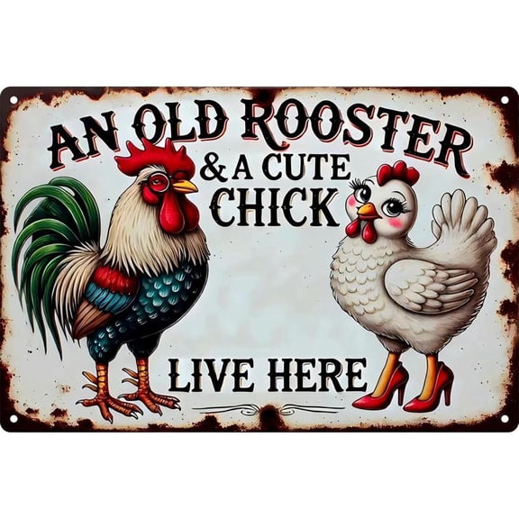 Vintage Chicken Coop Metal Signs - An Old Rooster & A Cute Chick Live Here Chicken Tin Sign, Funny Metal Signs Accessories Outdoor Home Wall Decor 8x12 inch