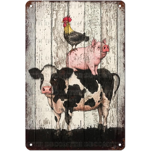 Vintage Chicken Cow Pig Tin Sign Retro Coop Wall Decor Nostalgic Art Funny Animals Rustic Metal Poster Outdoor Store Cafe Poultry House Pubs Farm Farmhouse 12 * 8inch