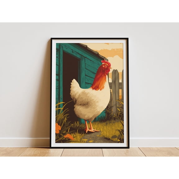 Vintage Chicken Farm Animal Art Print Rooster Hen Barnyard Travel Poster Style Wall Decor Rural Countryside Sunrise Morning Farmhouse Gift - Poster Unframed