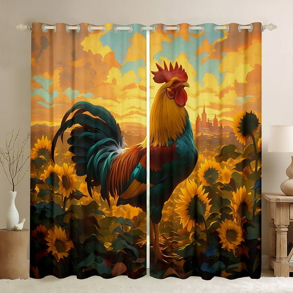 Vintage Chicken Kids Blackout Curtains,Rustic Farm Animals Rooster Curtains & Drapes For Girls Teens Yellow Sunflowers Sunrise 38"Wx54"L 2 Panels Curtains Rustic Farmhous Pattern Window Curtains