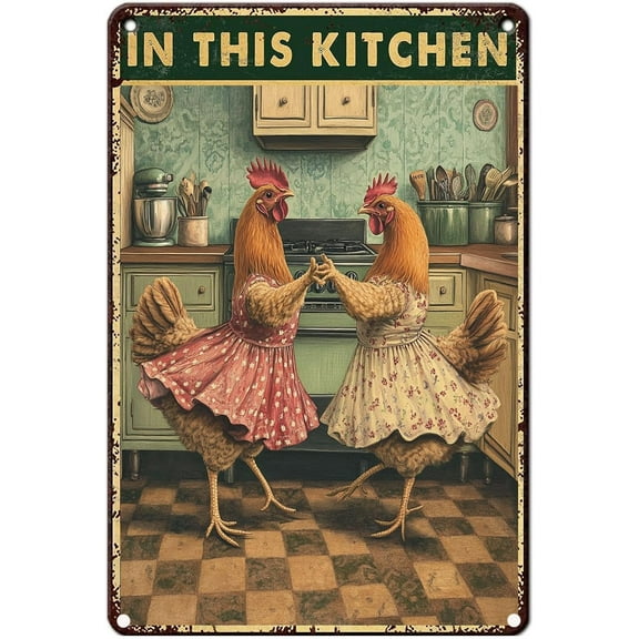 Vintage Chicken Kitchen Decor Metal Tin Sign Retro Dancing Chickens Floral Dress Artwork Aluminum Poster for Home Bar Cafe Farmhouse Wall Decoration 8x12 Inch