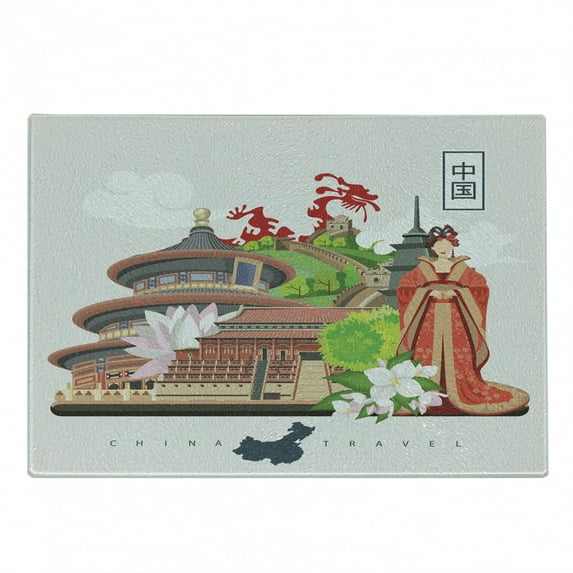 Vintage China Cutting Board, Vintage Style Chinese Attributes of Phoenix Dress Lotus Flower Dragon Palace, Decorative Tempered Glass Cutting and Serving Board, Small Size, Multicolor, by Ambesonne