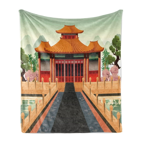 Vintage China Soft Flannel Fleece Blanket, Chinese Building Illustration in Lively Colors Landscape and Pink Asia Plants, Cozy Plush for Indoor and Outdoor Use, 70" x 90", Multicolor, by Ambesonne