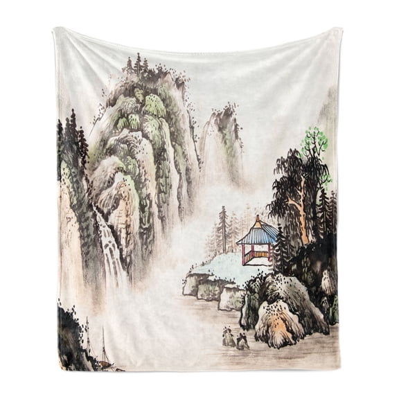 Vintage China Soft Flannel Fleece Blanket, Chinese Landscape of Watercolor Painting Marquee in Valley Trees Sumi Style, Cozy Plush for Indoor and Outdoor Use, 60" x 80", Multicolor, by Ambesonne