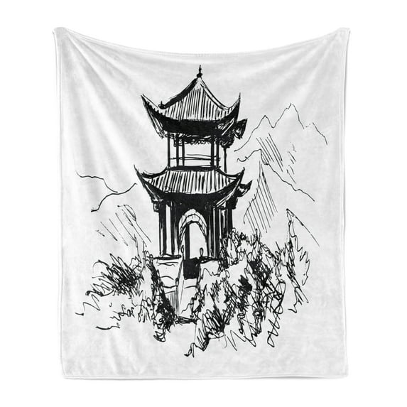 Vintage China Soft Flannel Fleece Throw Blanket, Hand Drawn Black and White Sketching of a Chinese Pavilion with Landscape, Cozy Plush for Indoor and Outdoor Use, 70" x 90", Black White, by Ambesonne
