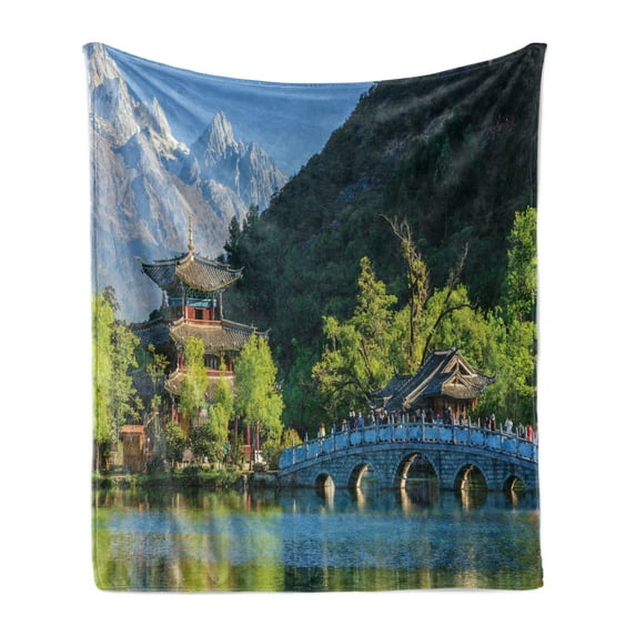Vintage China Soft Flannel Fleece Throw Blanket, Old Town Scene of Lijiang Black Dragon Pool Park Jade Dragon Snow Mountain, Cozy Plush for Indoor and Outdoor Use, 50" x 70", Multicolor, by Ambesonne