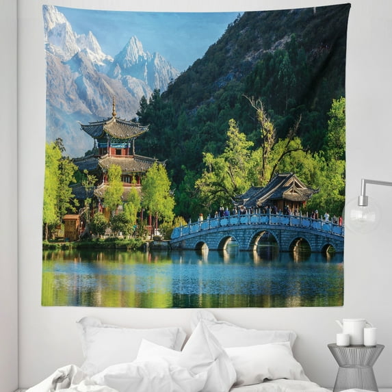 Vintage China Tapestry, Old Town Scene of Lijiang Black Dragon Pool Park Jade Dragon Snow Mountain, Fabric Wall Hanging Decor for Bedroom Living Room Dorm, 5 Sizes, Multicolor, by Ambesonne