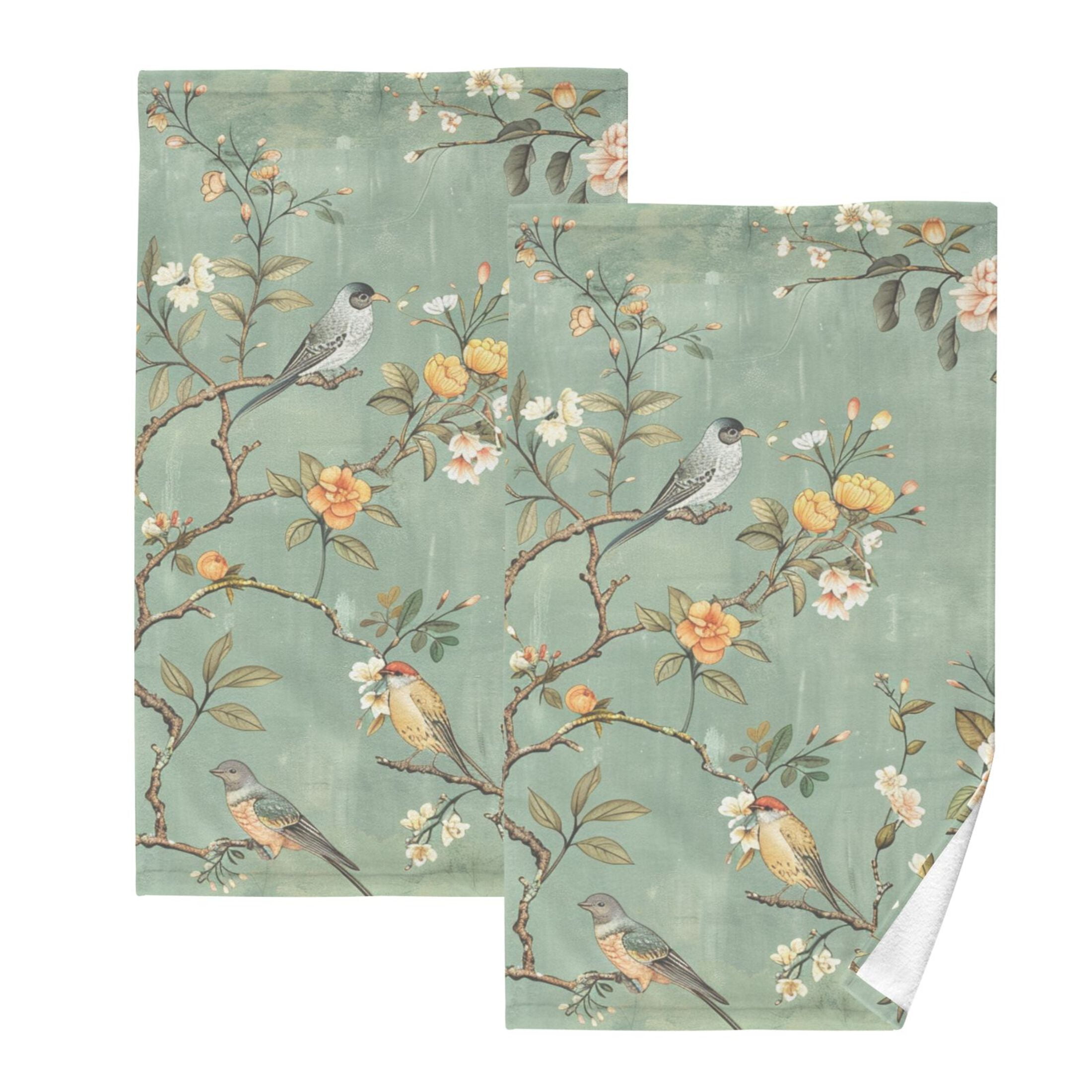 Vintage Chinese Bird and Flower Hand Towel Set 2 Pcs Cotton Absorbent Soft Face Towels 400 GMS Bath Towels for Bathroom Kitchen Shower Hotel Decor 16"x28"