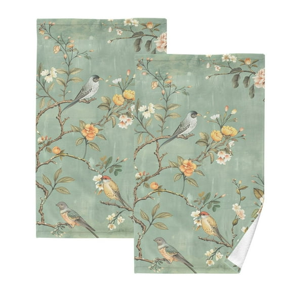 Vintage Chinese Bird and Flower Hand Towel Set 2 Pcs Cotton Absorbent Soft Face Towels 400 GMS Bath Towels for Bathroom Kitchen Shower Hotel Decor 16"x28"