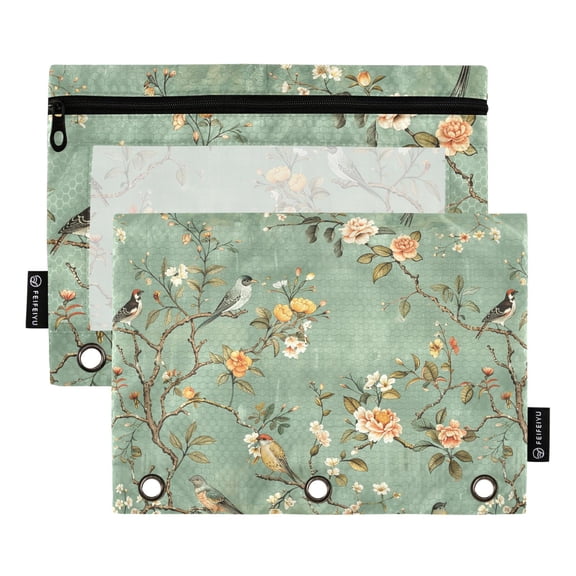 Vintage Chinese Bird and Flower 2 Pack Pencil Pouch for 3 Ring Binder Smooth Zipper Folders with Pockets Clear Window Pencil Case