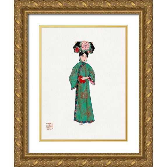 Vintage Chinese Clothing 12x14 Gold Ornate Wood Framed with Double Matting Museum Art Print Titled - Lady in modern Manchu costume