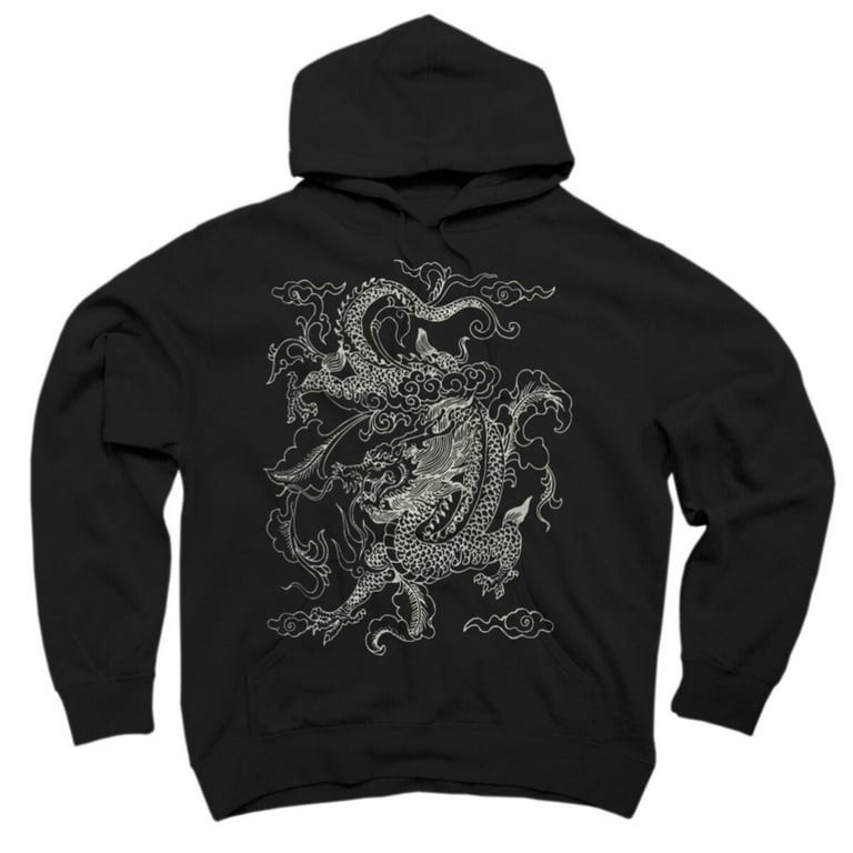 Vintage Chinese Dragon Batik Black Graphic Pullover Hoodie Design By Humans M