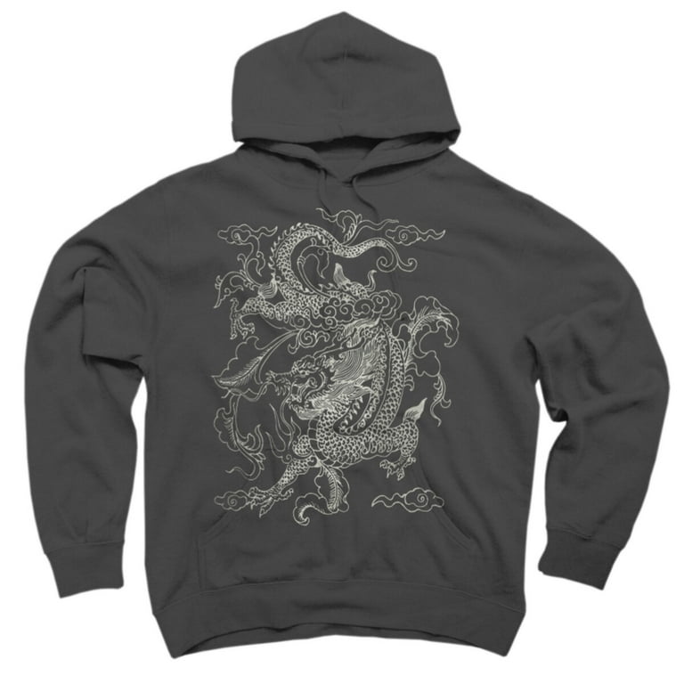 Vintage Chinese Dragon Batik Charcoal Gray Graphic Pullover Hoodie