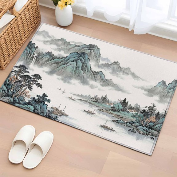 Vintage Chinese Ink Entryway Rug 2'x3' Non Slip Front Door Mats, Abstract Art Painting Mountain Entrance Rugs Indoor Outdoor Carpet, Washable Floor Mats Small Area Rug for Bedroom Kitchen