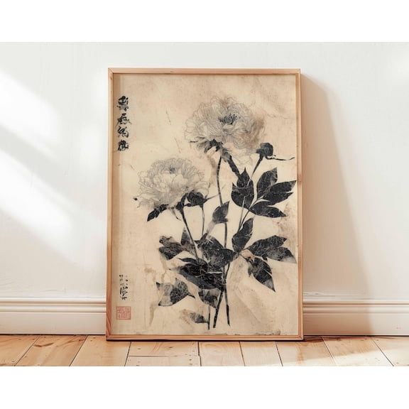 Vintage Chinese Ink Peony Wall Art Print, Unframed Paper Poster 8x10in