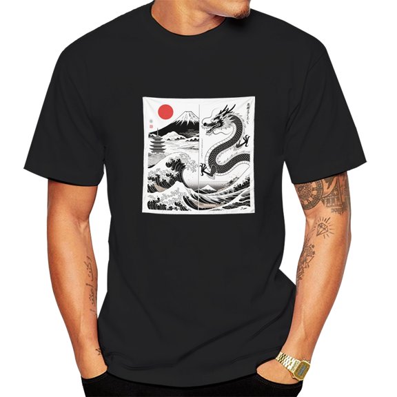 Vintage Chinese Ink dragon Painting Graphic Print Short Sleeve Men's T-Shirt, Summer Crew Neck Tee Standard Fit for Comfortable