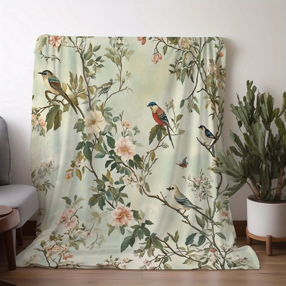 Vintage Chinese Peony & Bird Fleece Blanket - Soft 30s Yarn, Green/Beige/Gold Luxury Throw for Bed Sofa Car Camping, Traditional Asian Bedspread