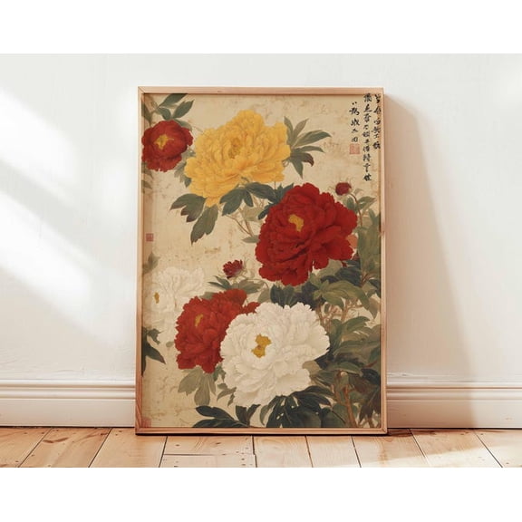 Vintage Chinese Peony Floral Wall Art Print, Unframed Paper Poster 24x36in