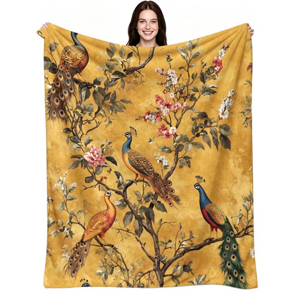 Vintage Chinese Style Peacock Floral Pattern, Soft Warm Flannel Fleece, Vintage Elegant Aesthetic, Throw Blanket, Cozy Warm, Home Decor, Couch Sofa Bed Home