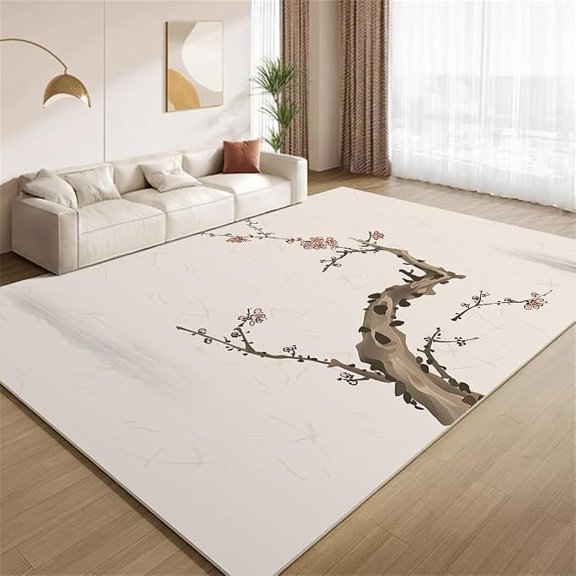Vintage Chinese Traditional Area Rugs, Distressed Cherry Blossom Tree Rugs, Ink Art Non-Slip Washable Indoor Accent Carpet for Living Room Bedroom Study Office Entrance Foyer 5 x 6ft