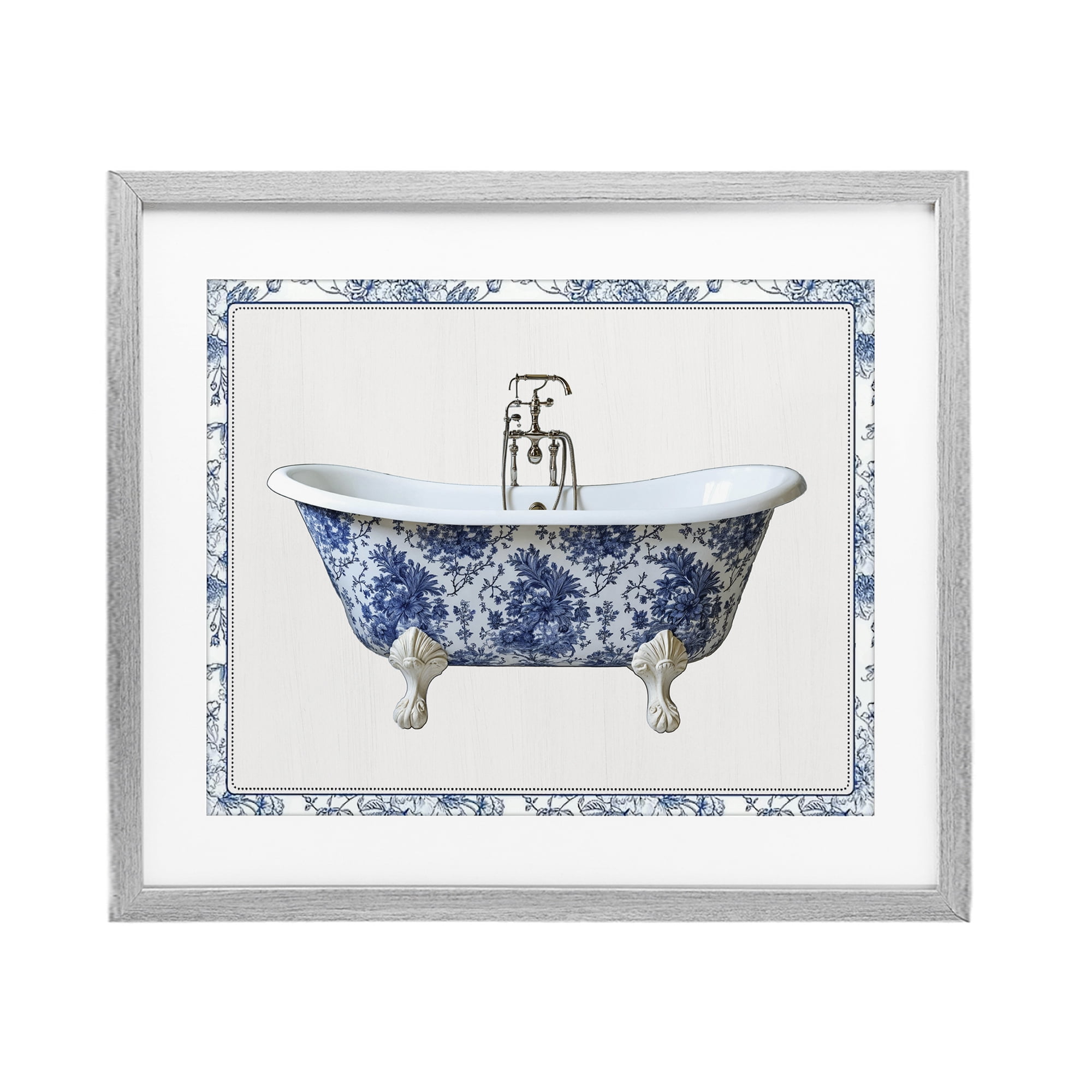 Vintage Chinoiserie Bathtub Gray Framed Print Under Glass, design by Lettered and Lined