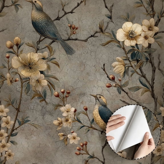 Vintage Chinoiserie Bird and Floral Wallpaper Rustic Boho Peel and Stick Waterproof Wall Decoration for Living Room Bedroom Bathroom Kitchen Cabinet Rental Property 17.7 * 78.5 in