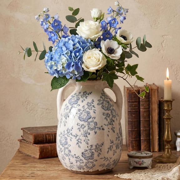 Vintage Chinoiserie Blue and White Ceramic Vases Decor 7 Retro Ice Crackle Hand-Painted Peony Ceramic Pitcher Antique Style Home Decor (7.5 Inch Blue and White)