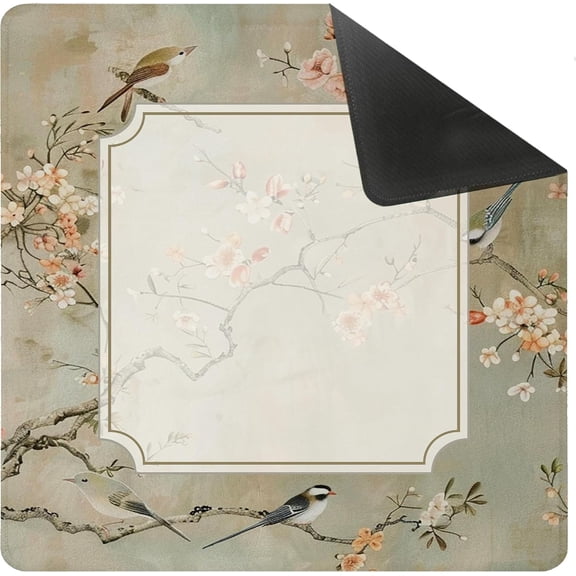 Vintage Chinoiserie Floral Bird Mahjong Mat for Table 31.5 X 31.5 in, Gifts for Mahjong Players, Retro Oriental Asian Cherry Blossom Anti-Slip Table Cover Tablecloth for Poker Board Card Game