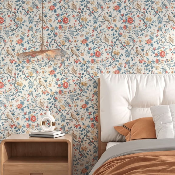 Vintage Chinoiserie Floral Bird Peel and Stick Wallpaper, Farmhouse Rustic Wall Art, Wall Decor, Art Print, Elegant Wall Decoration for Living Room, Bedroom, Apartment Home Decor
