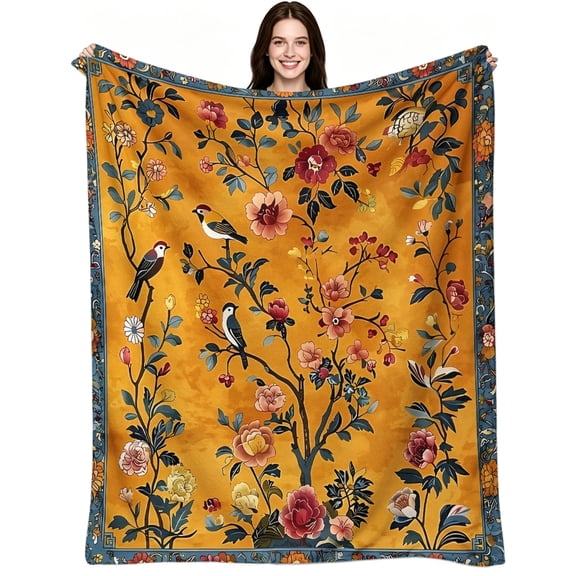 Vintage Chinoiserie Floral Bird, Soft Flannel Fleece, Oriental Retro, Throw Blanket, Warm Cozy, Decorative Accent, Couch Bed Sofa Living Room Classic Season