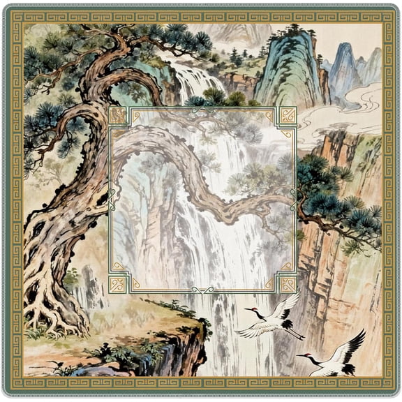 Vintage Chinoiserie Mahjong Mat 31.5"x31.5", Chinese Waterfall Pine Tree Mountain Landscape Non-Slip Noise Reduction Mahjong Table Cover for American Mah Jong Poker Card Board Games Dominoes