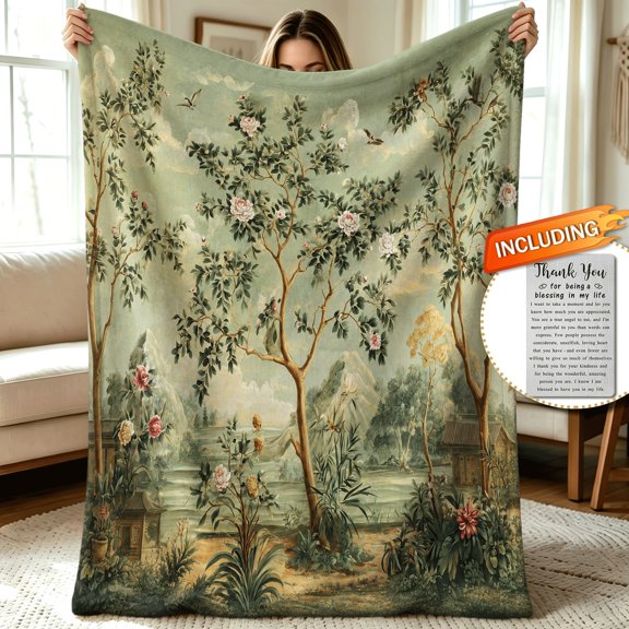 Vintage Chinoiserie Pastoral Scenic Flower blanket for women Soft Flannel Throw Blanket gift for mom grandma birthday Mother's Day Christmas housewarming spring decor