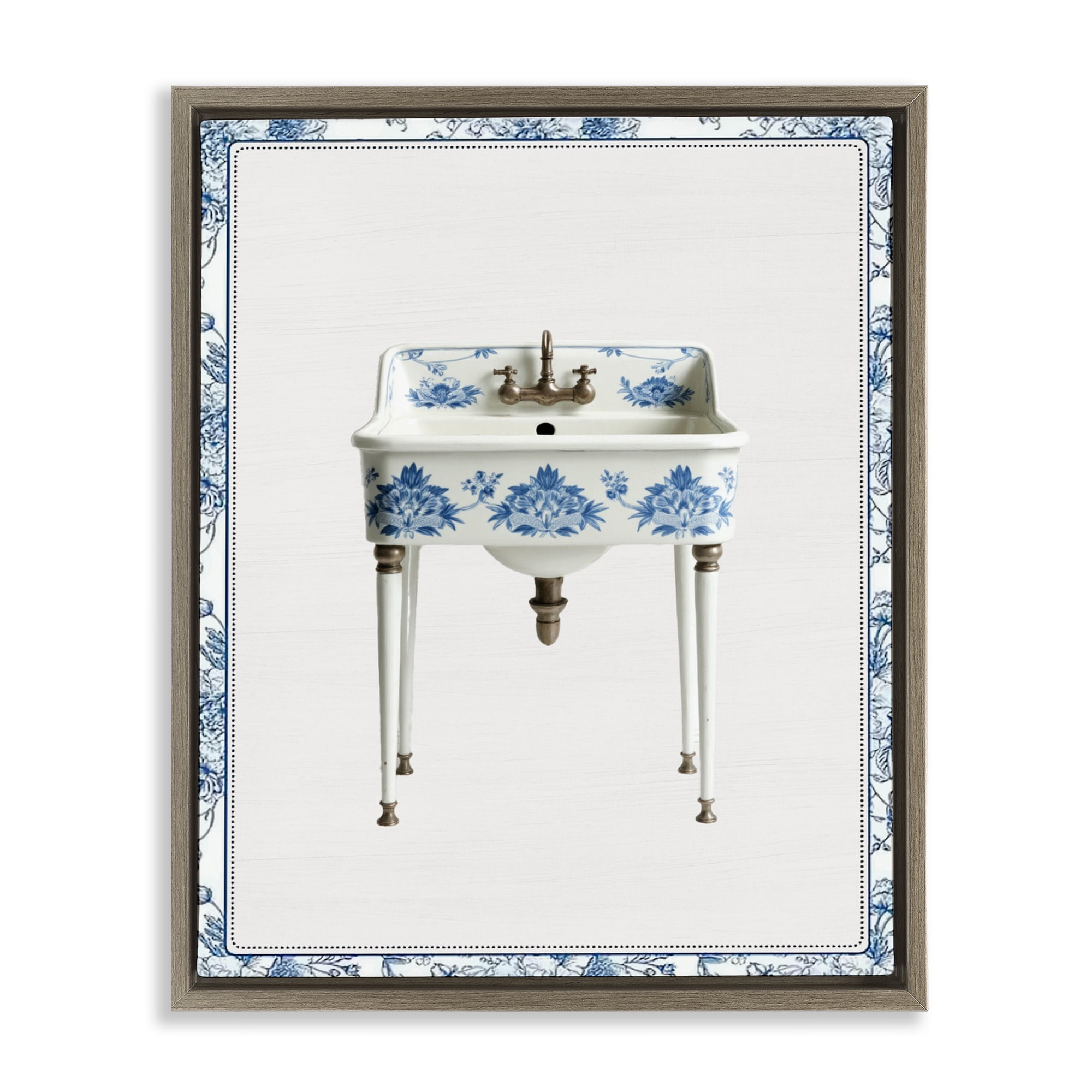 Vintage Chinoiserie Sink Brown Framed Floater Canvas Wall Art, design by Lettered and Lined