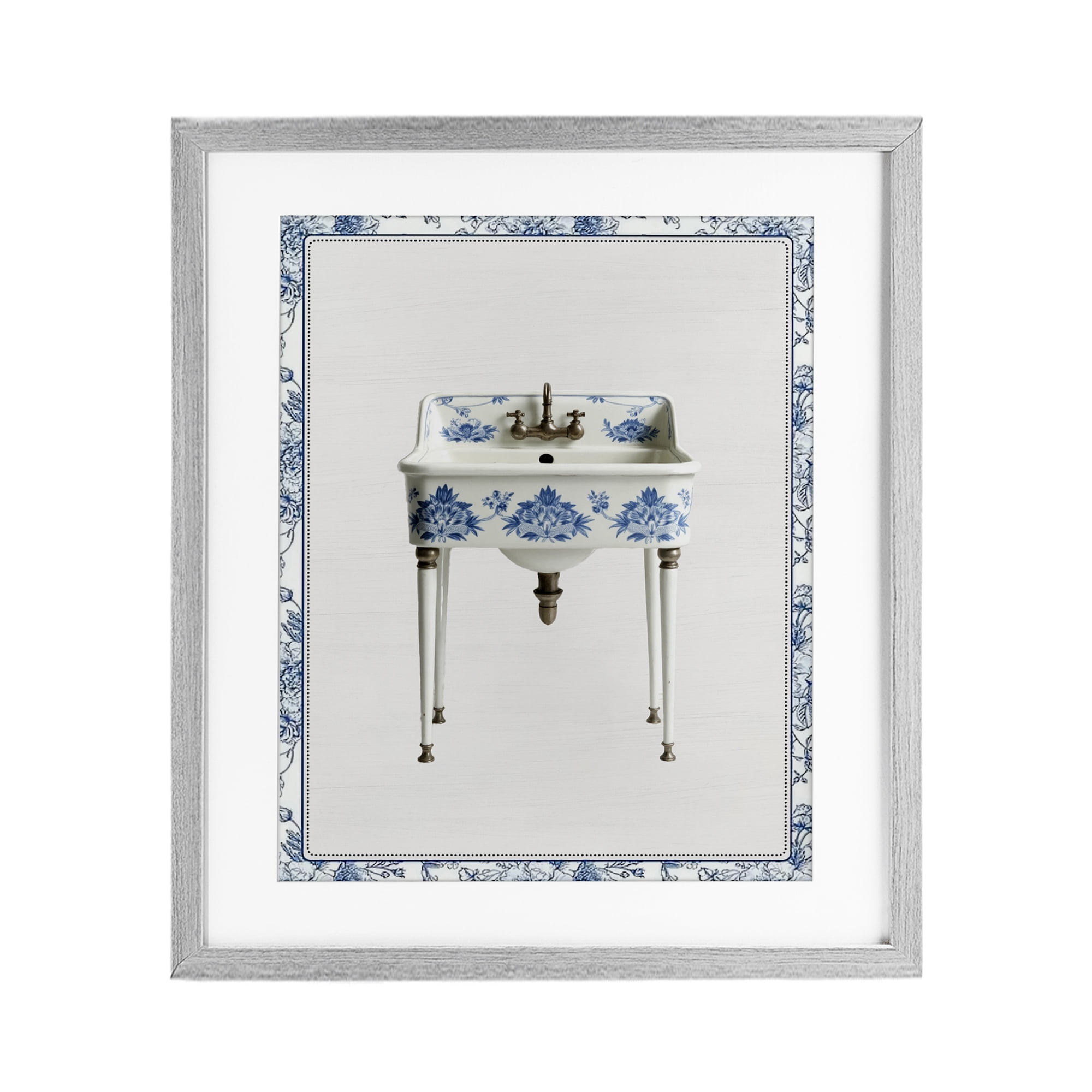 Vintage Chinoiserie Sink Gray Framed Print Under Glass, design by Lettered and Lined
