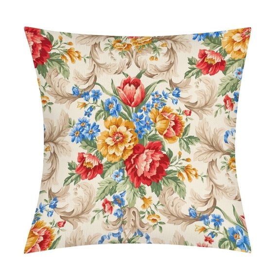Vintage Chintz Botanical Floral Rococo_001Set of 2 Faux Linen Throw Pillow Covers, Soft & Breathable Polyester Cushion Cases