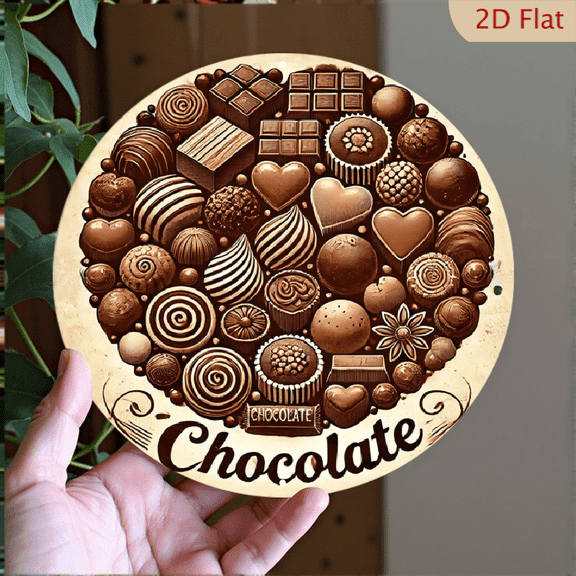 Vintage Chocolate Confection Illustration Round Metal Wall Art, 8x8 Inch Decorative Aluminum Sign, Gourmet Candy Pattern Home Decor for Kitchen Dining Room
