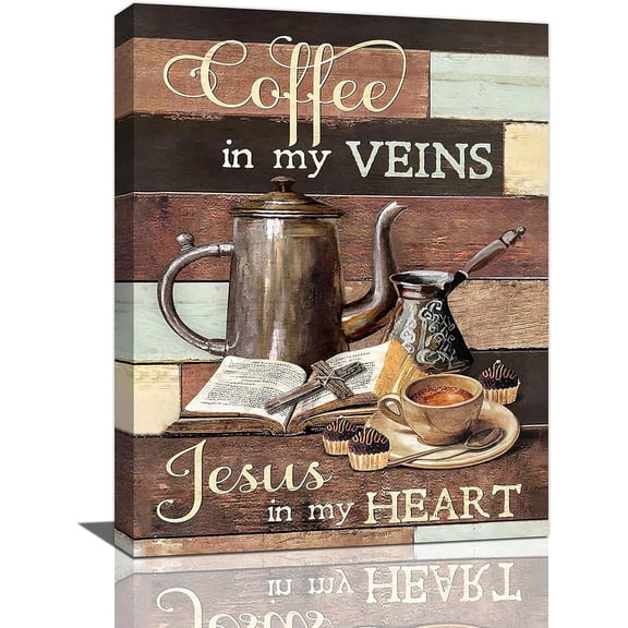 Vintage Christian Coffee Decor Wall Art Rustic Religion Coffee In My Veins Coffee Sign Cafe Kitchen Pictures Wall Decor Canvas Painting Prints Artwork Framed for Coffee Bar Cafe Kitchen 12"x16"