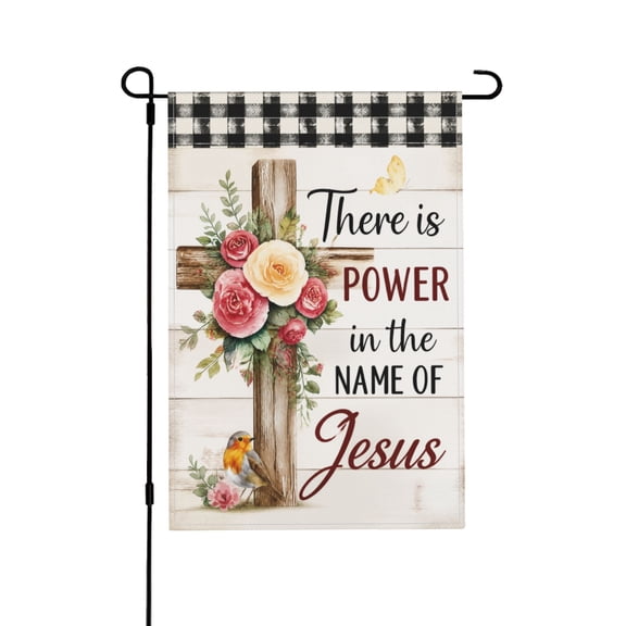 Vintage Christian Cross Floral Garden Flag Religious Rose Bird Farmhouse Yard Home Decor Spring Summer Bible Verse Plaid Outdoor Flag 12x18 in