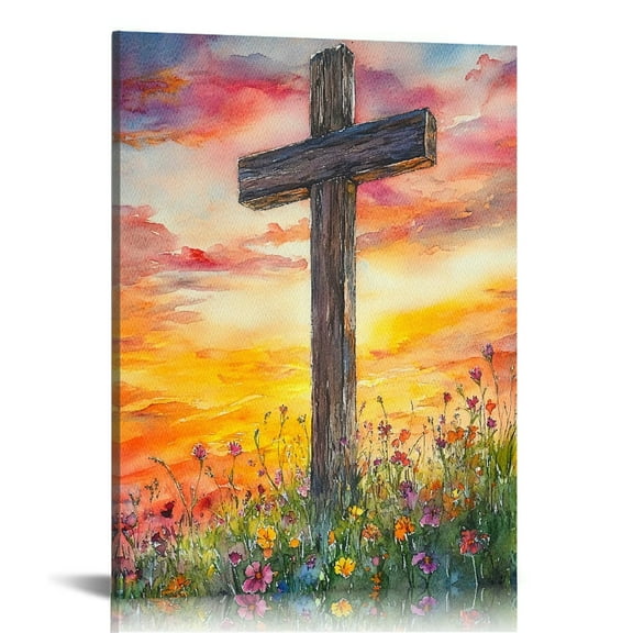 Vintage Christian Cross Flower Canvas Wall Art Print , Christian Memorial Canvas Print Posters Wall Decor, Religious Christian Gifts Wall Art Home Decor for Church Living Room Dining Room Decor Framed