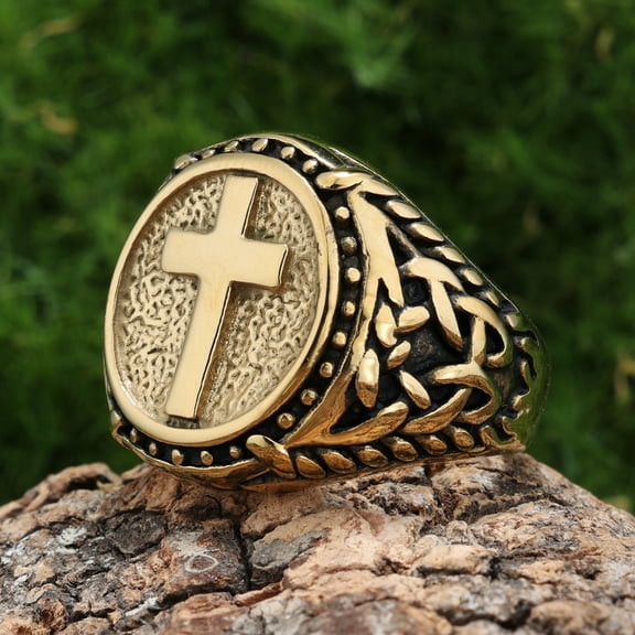 Vintage Christian Cross Men's Ring Punk Stamp 14K White Gold Jesus Ring Religious Believers Jewelry Gift