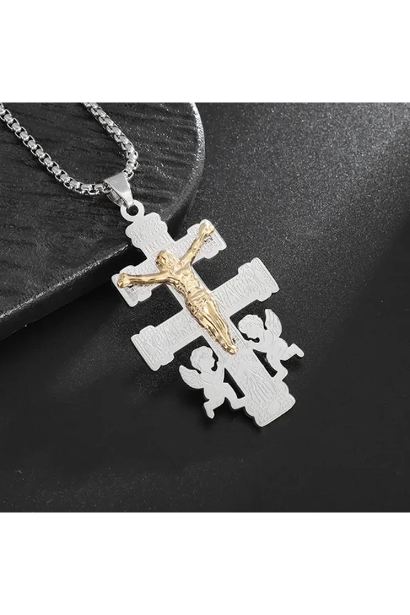 Vintage Christian Jesus Cross 14K White Gold Pendant Little Angel Prayer Necklace Men Women Faith Amulet Jewelry